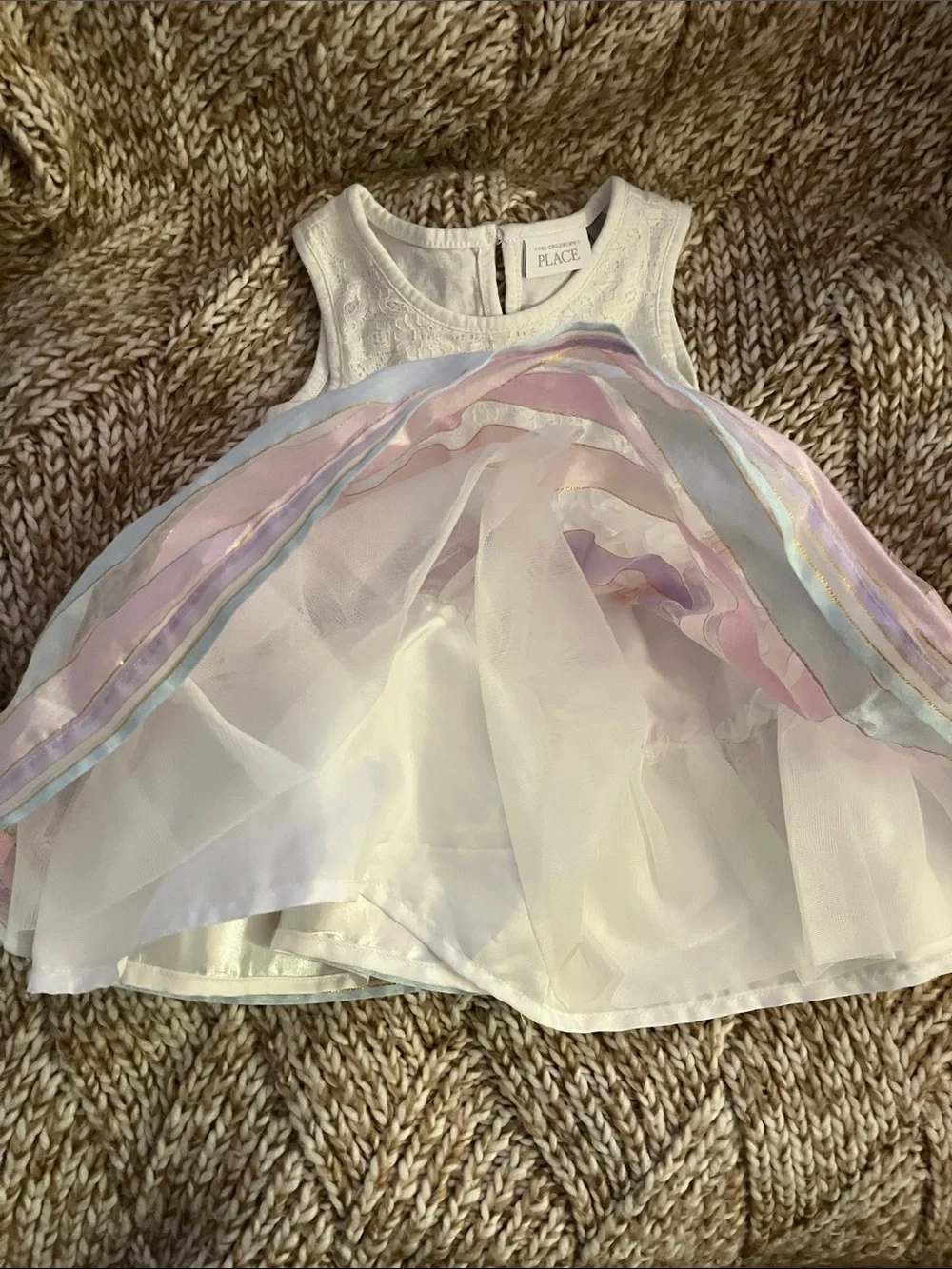 The Children's Place White Lace Bodice Pastel Striped Dress with Flower